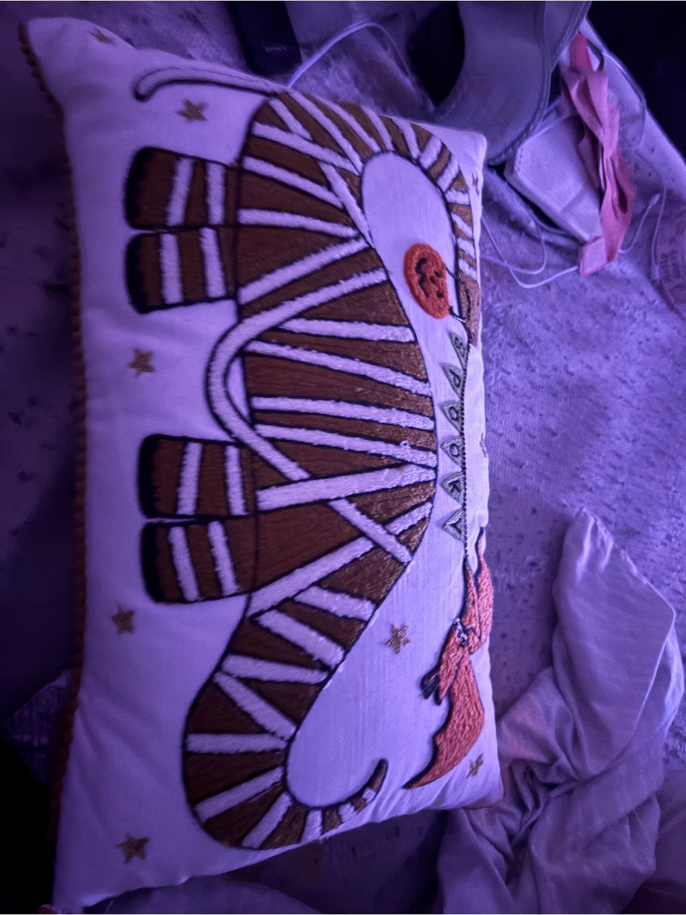 New Halloween dinosaur Embroidered Elephant Accent Pillow in Brown and White